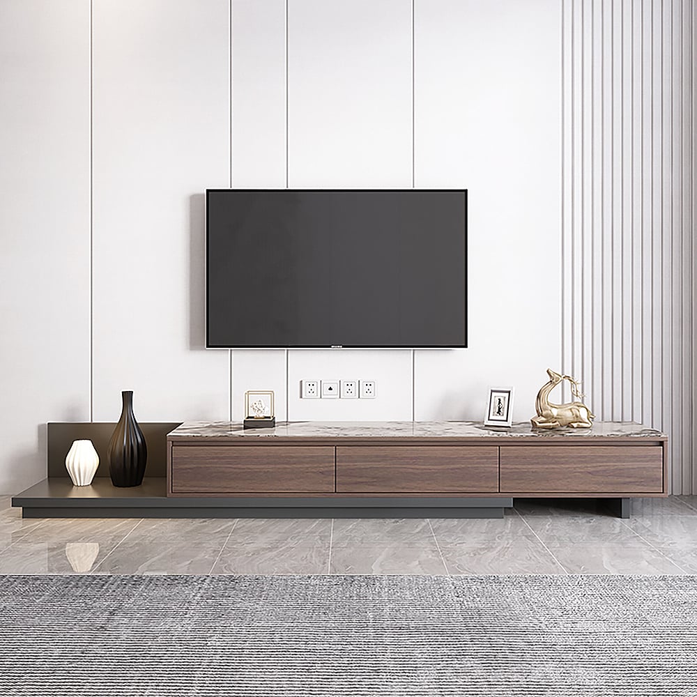 Questions et Réponses pour Meuble TV moderne extensible Fero en noyer et bois noir avec dessus en pierre avec tiroirs jusqu'à 3048 mm