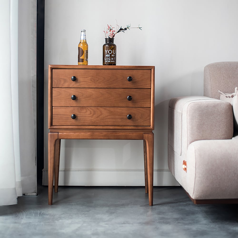 Tanic Mid Century Modern Chest Cabinet with Storage 3 Drawers of Ash Wood in Walnut