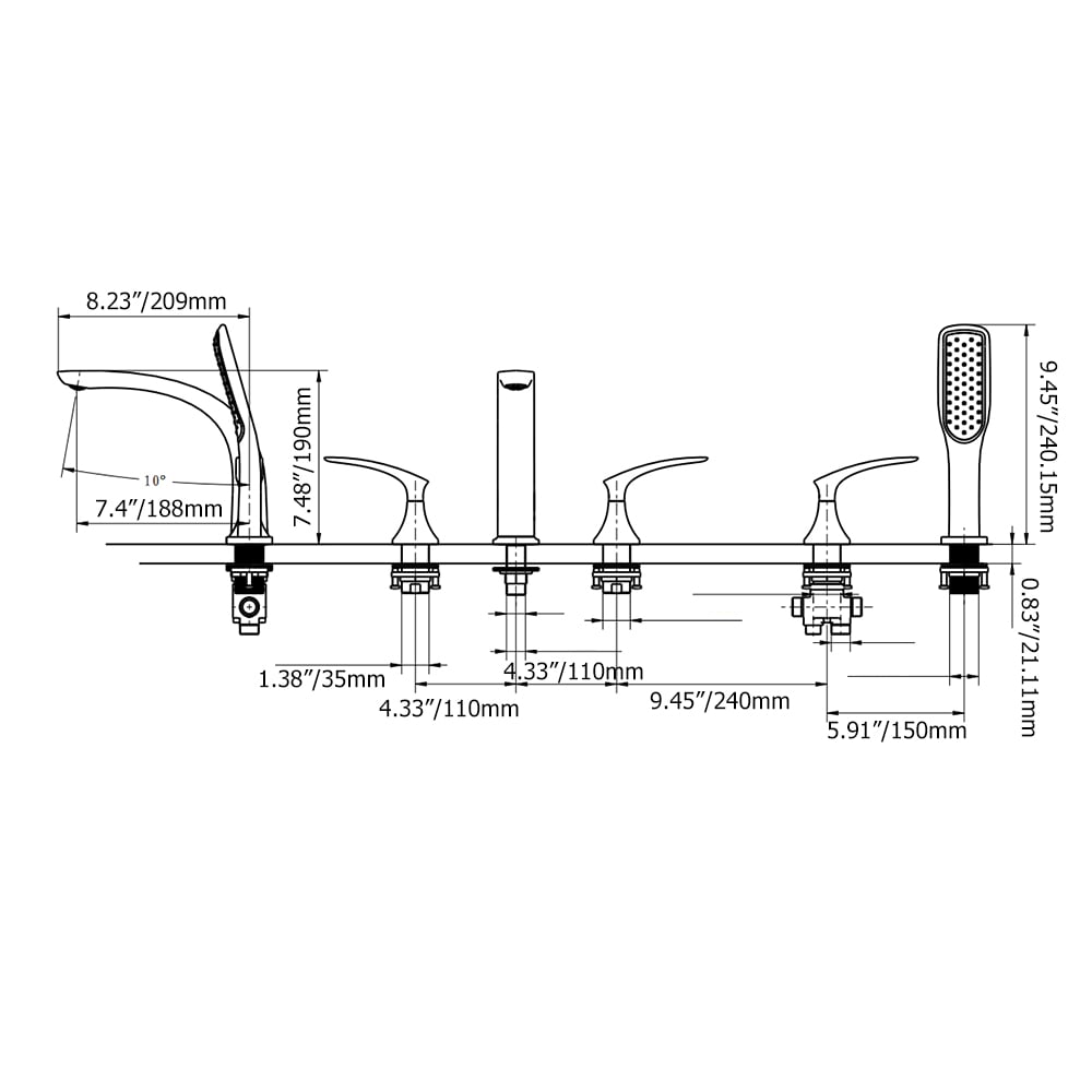 Deck Mounted Roman Bathtub Faucet with Handshower Solid Brass Chrome weights dimensions image