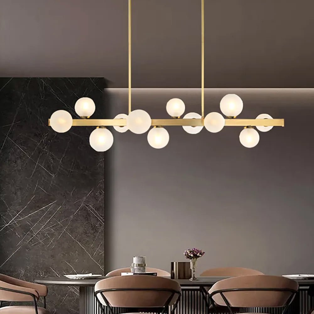Questions and Answers for White Globe Shade 12-Light Linear Island Light in Gold
