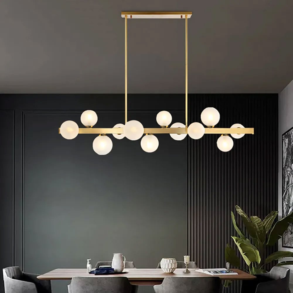 Questions and Answers for White Globe Shade 12-Light Linear Island Light in Gold