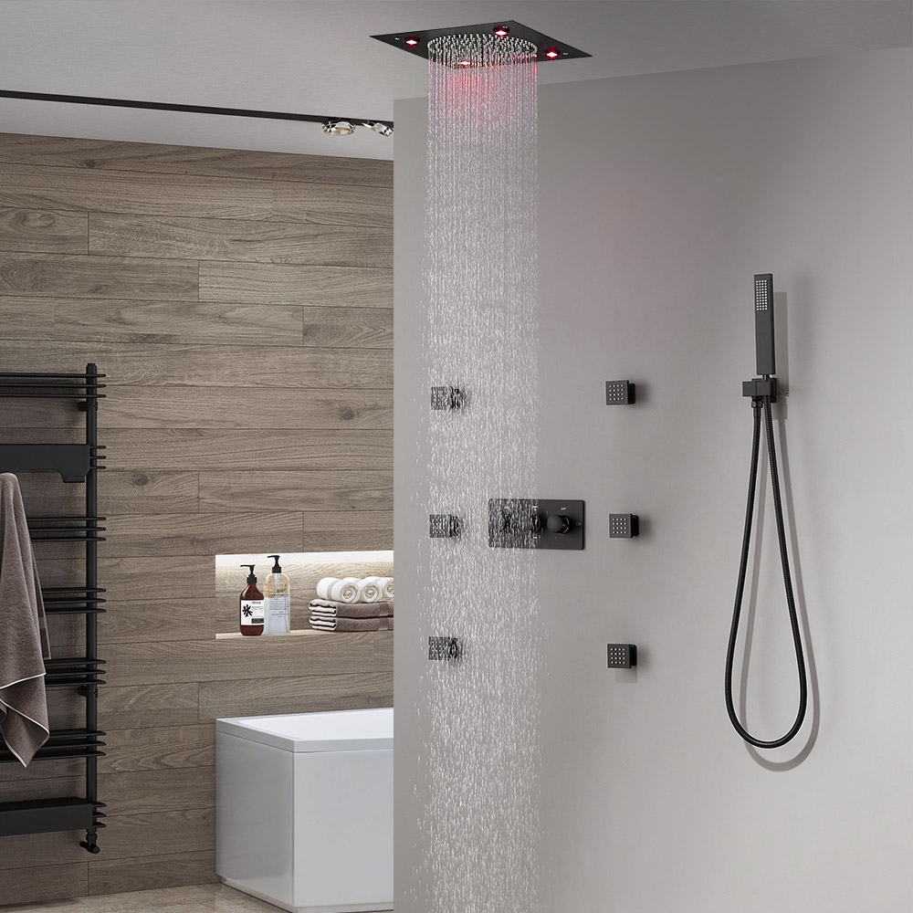 Questions et Réponses pour Système de Douche LED Carré Moderne Montage au Plafond à Effet Pluie avec 6 Jets Corporels et Douchette à Main Noir