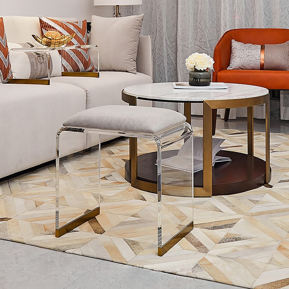 Questions and Answers for Velvet Upholstered and Acrylic Frame Makeup Vanity Stool Gray and Clear Ottoman