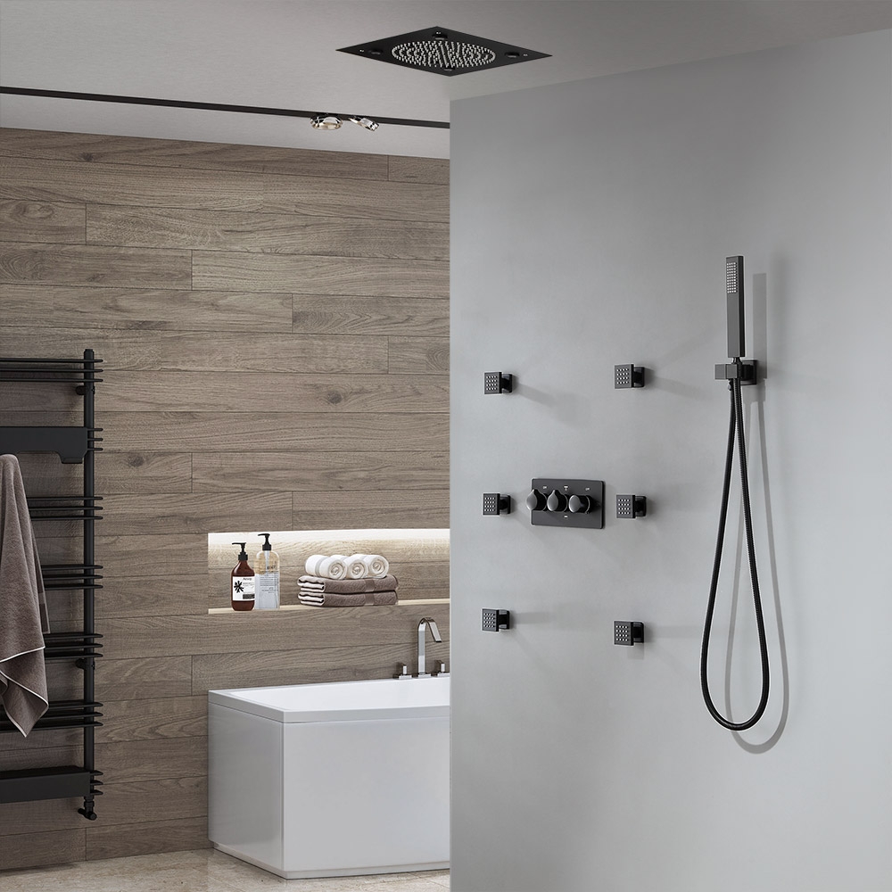 Questions et Réponses pour Système de Douche LED Carré Moderne Montage au Plafond à Effet Pluie avec 6 Jets Corporels et Douchette à Main Noir