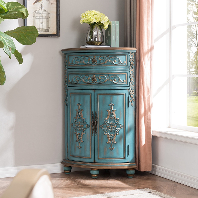 Customer Reviews for Antique Triangle Wood Accent Corner Cabinet with 2 Doors & 2 Drawers in Blue