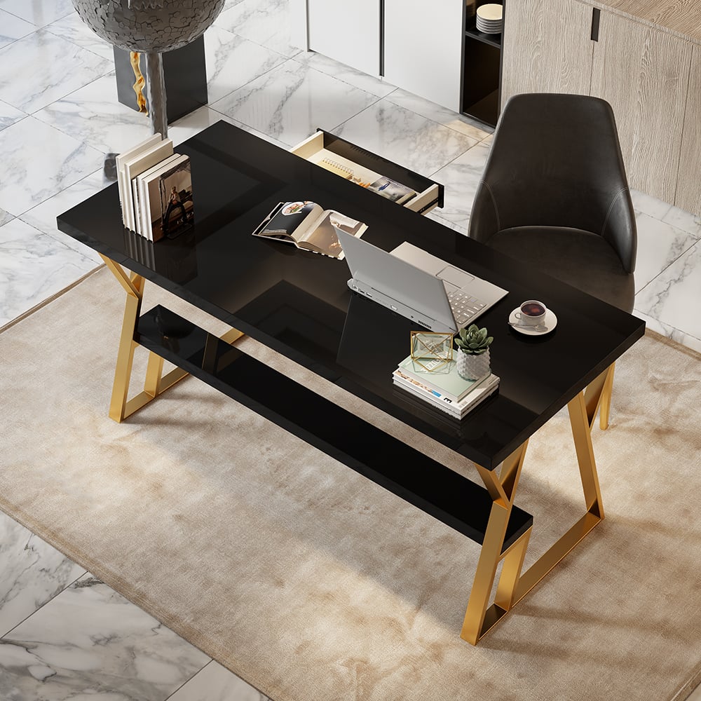 Hodnocení zákazníků pro položku 39" obdélníkový černý počítačový stůl se zásuvkou a policí zlatou nohou