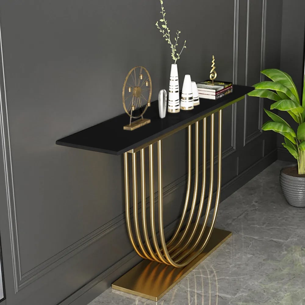 Questions and Answers for 1200mm Black Solid Wood Narrow Console Table Gold Metal Pedestal Hallway Table