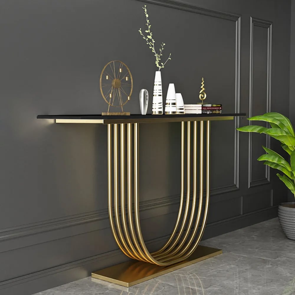 Questions and Answers for 1200mm Black Solid Wood Narrow Console Table Gold Metal Pedestal Hallway Table