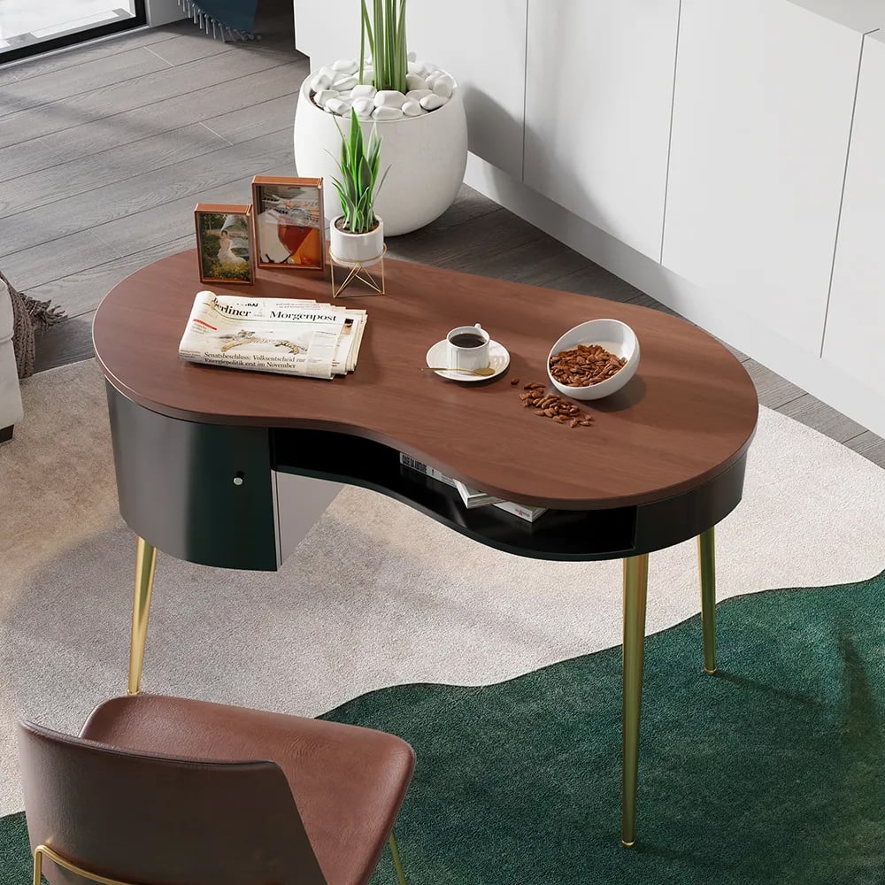 Hodnocení zákazníků pro položku Moderní černý a zlatý zakřivený kancelářský stolní počítačový stůl s policí a úložným prostorem