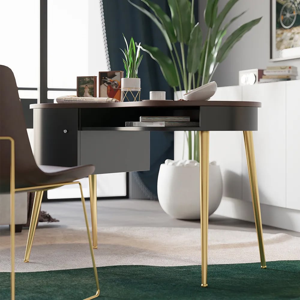 Hodnocení zákazníků pro položku Moderní černý a zlatý zakřivený kancelářský stolní počítačový stůl s policí a úložným prostorem