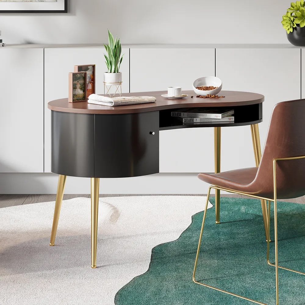 Hodnocení zákazníků pro položku Moderní černý a zlatý zakřivený kancelářský stolní počítačový stůl s policí a úložným prostorem