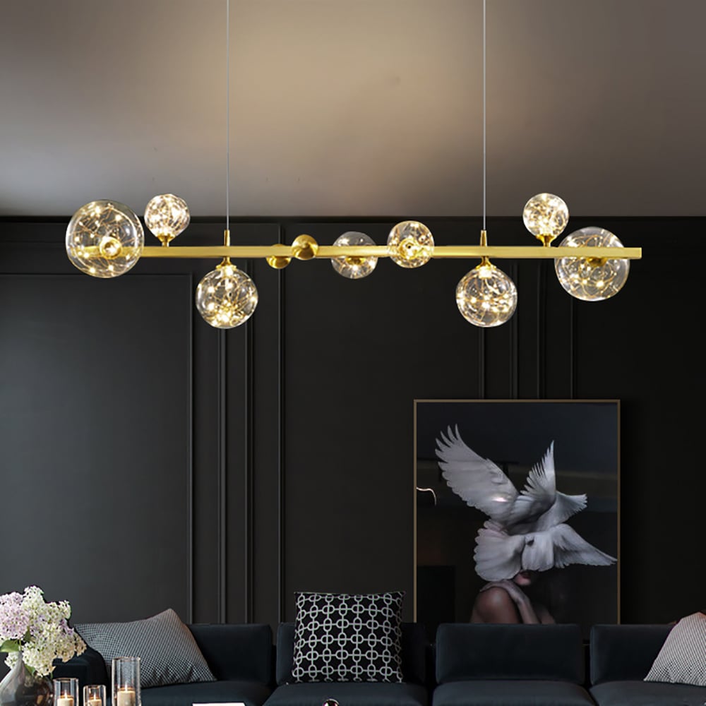 Questions and Answers for Miglobe Modern Gold Glass Globe LED Kitchen Island Light 8-Light with Adjustable Cables