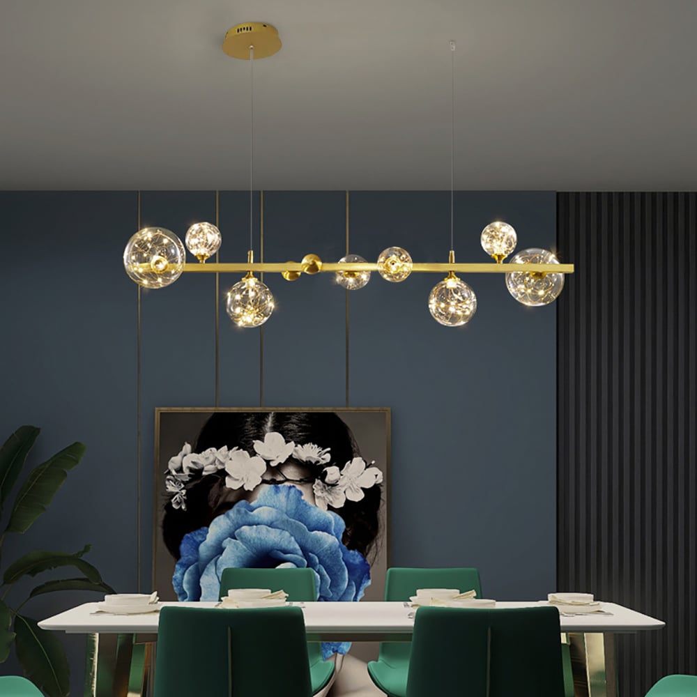 Questions and Answers for Miglobe Modern Gold Glass Globe LED Kitchen Island Light 8-Light with Adjustable Cables