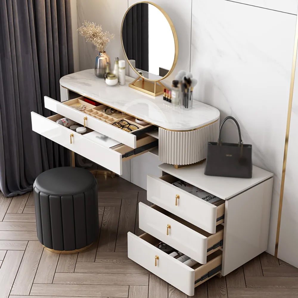 Questions et Réponses pour Pewter Coiffeuse Blanc Moderne à 5 Tiroirs et Armoire Latérale