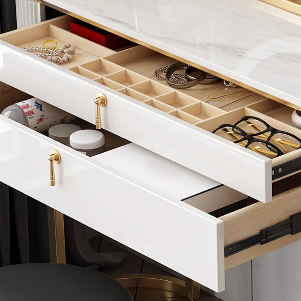 Questions et Réponses pour Pewter Coiffeuse Blanc Moderne à 5 Tiroirs et Armoire Latérale