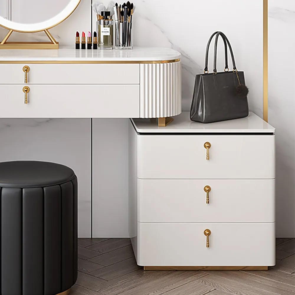 Questions et Réponses pour Pewter Coiffeuse Blanc Moderne à 5 Tiroirs et Armoire Latérale