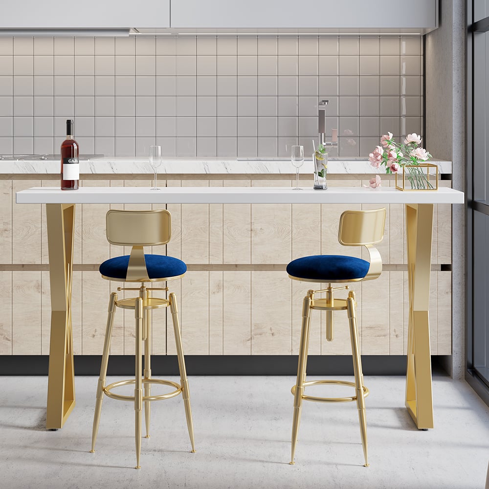 Questions et Réponses pour Ensemble de 2 tabourets de bar pivotants modernes en velours bleu à hauteur réglable avec dossier