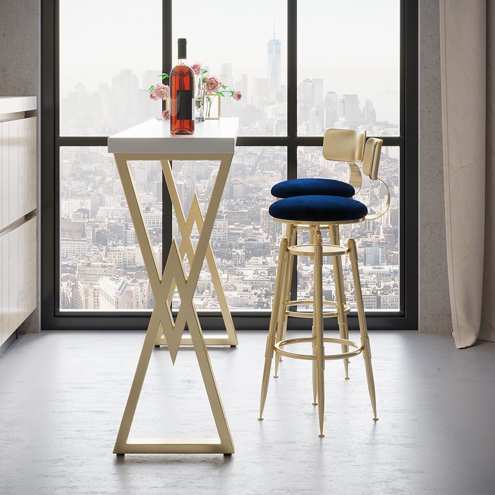 Questions et Réponses pour Ensemble de 2 tabourets de bar pivotants modernes en velours bleu à hauteur réglable avec dossier