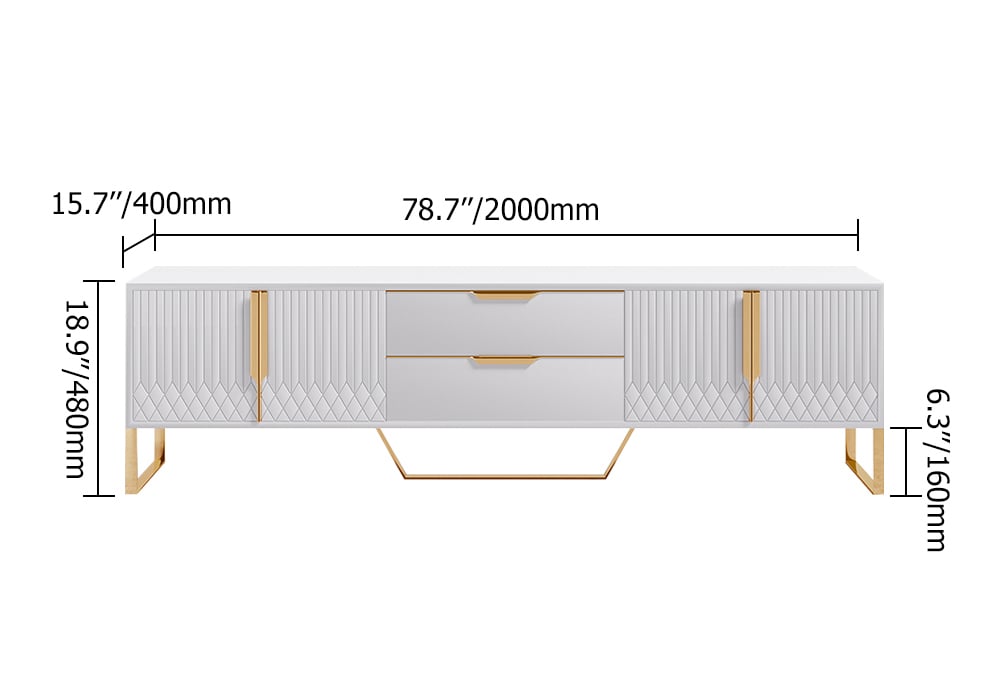 Aro Modern White Wood TV Stand with 2 Drawers & 4 Doors Media Console for 80" TVs weights dimensions image