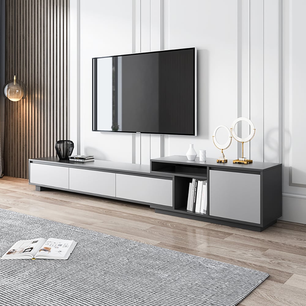 Domande e risposte per Moderno porta TV retrattile ed allungabile in legno nero con 3 cassetti fino a 120"