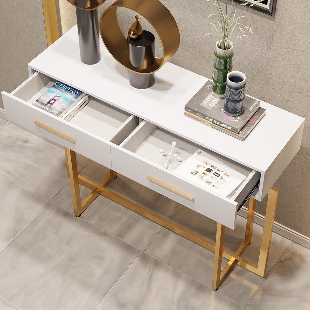 Questions and Answers for 1200mm Narrow Console Table with Storage Drawers White Entryway Table with Metal Legs