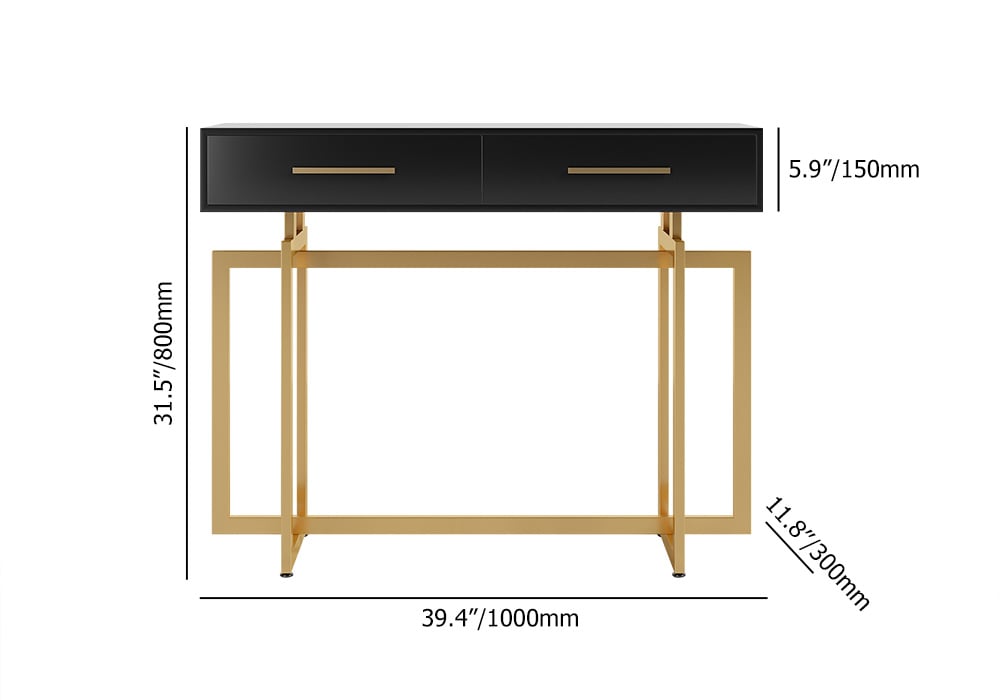 40" Modern Narrow Black Console Table with Storage Drawers and Metal Legs in Gold weights dimensions image