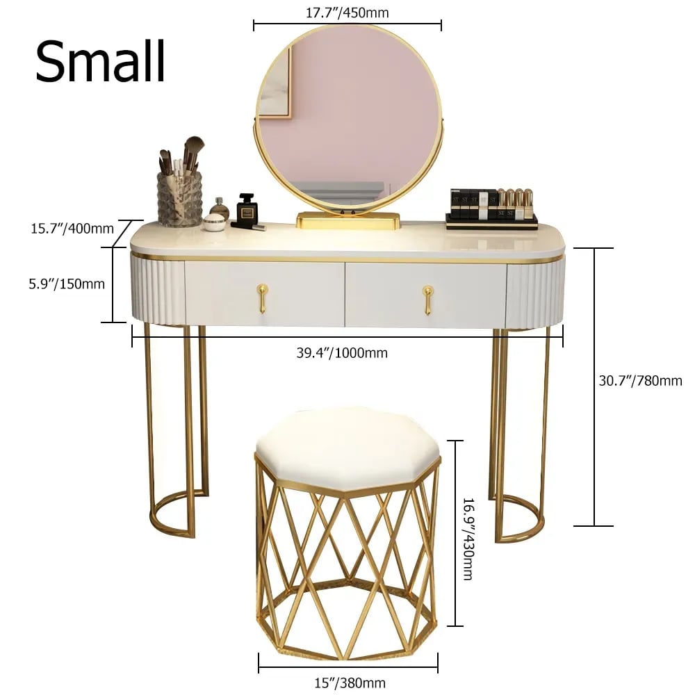 Modern White Oval Makeup Vanity with Rotatable Mirror & Nesting Stool weights dimensions image