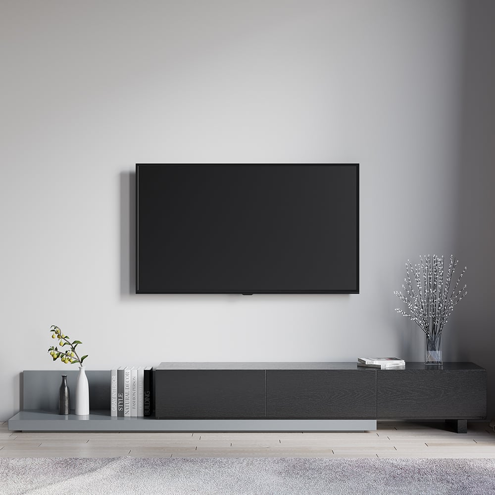 Questions and Answers for Crator Wood Modern Extendable TV Stand Black and Gray Media Console with 3-Drawer