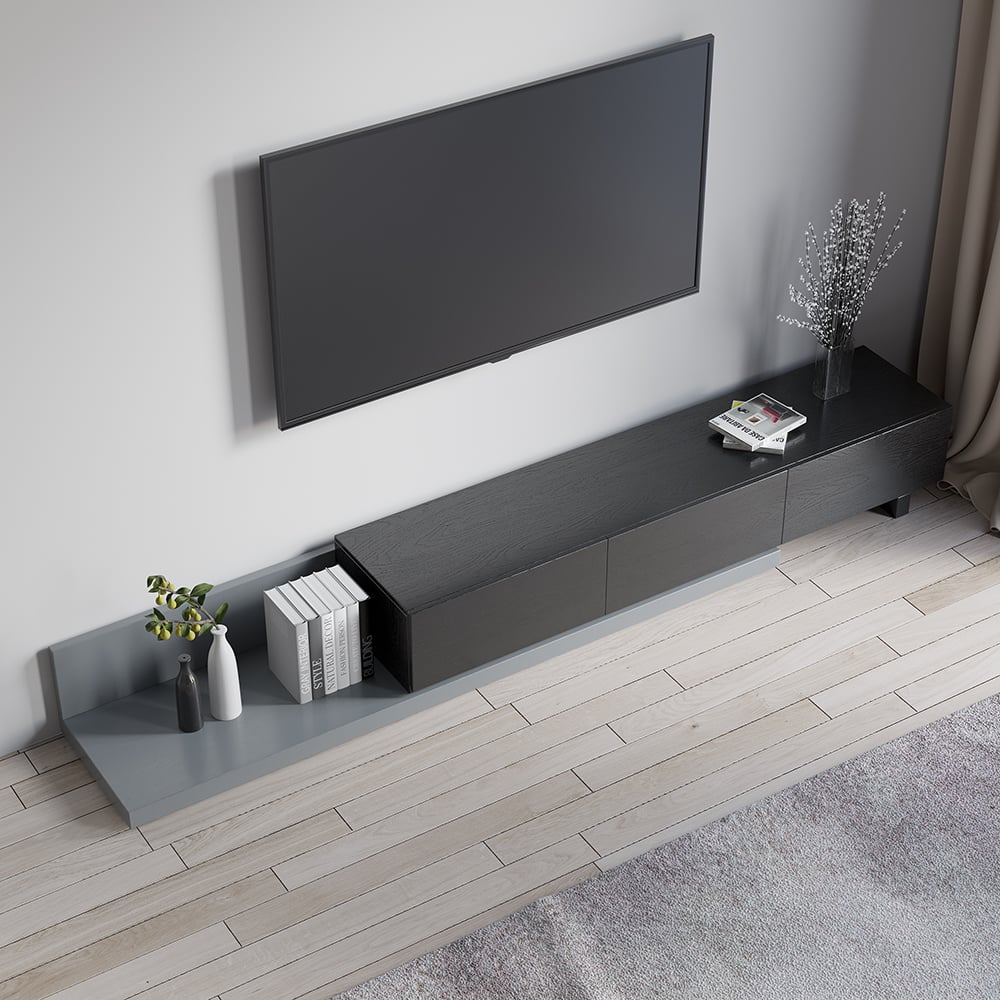 Questions and Answers for Crator Wood Modern Extendable TV Stand Black and Gray Media Console with 3-Drawer