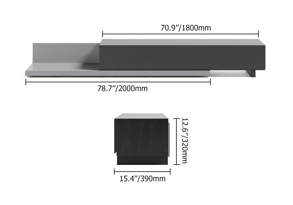 Crator Wood Modern Extendable TV Stand Black and Gray Media Console with 3-Drawer weights dimensions image