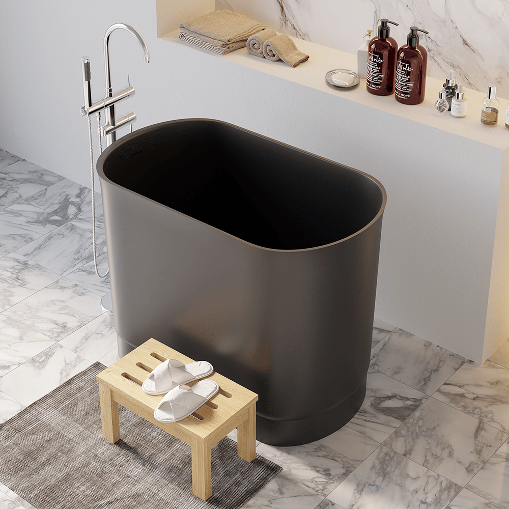 Questions and Answers for 1000mm Modern Deep Oval Freestanding Matte Black Stone Resin Japanese Soaking Bath