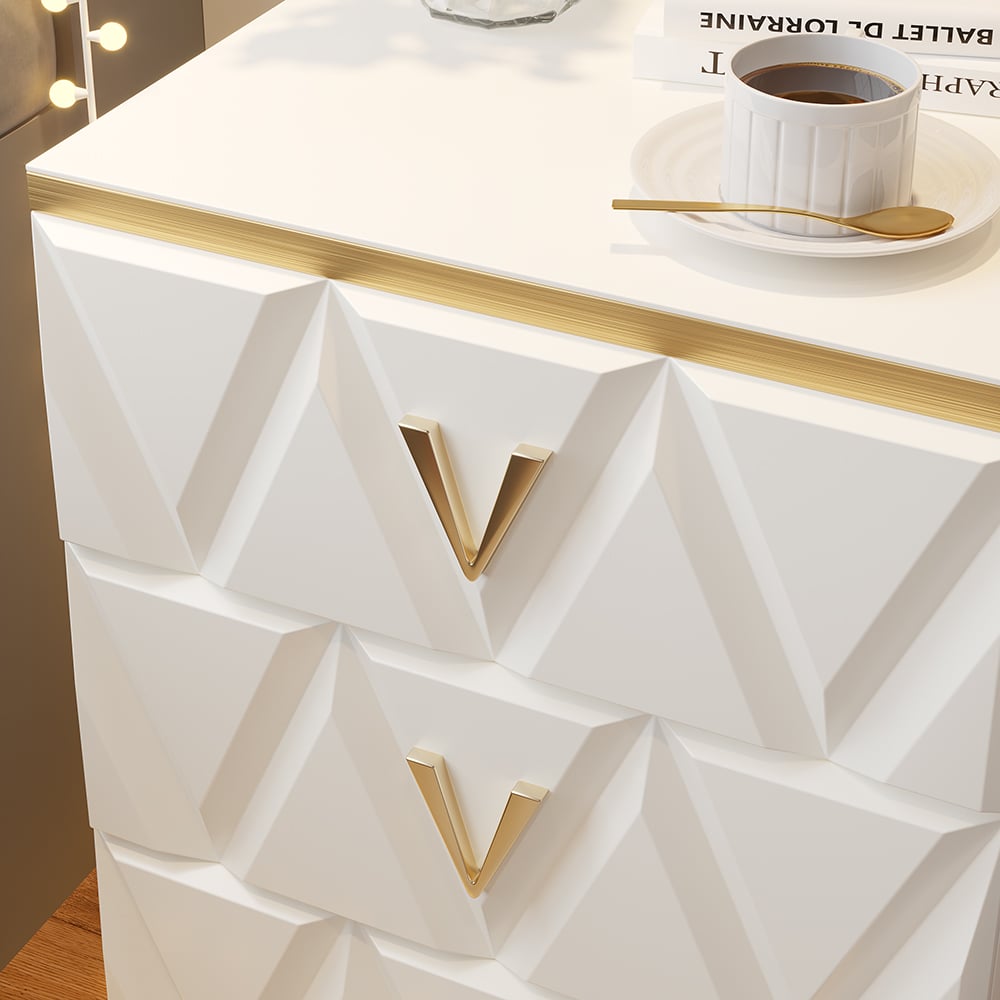 Recensioni dei clienti per Comodino bianco nordico a 3 cassetti a forma di V in oro con tiranti grandi