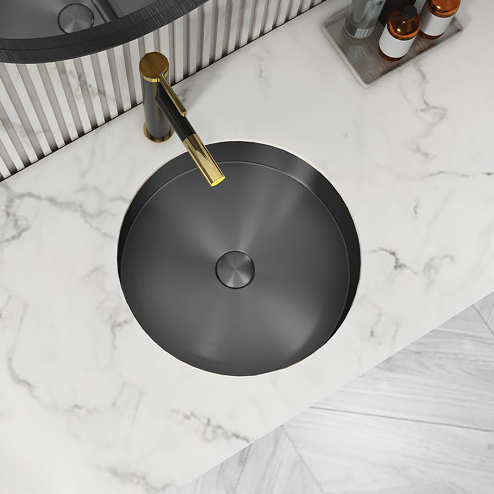 Questions et Réponses pour Bassin rond moderne en acier inoxydable noir Lavabo de salle de bain encastré