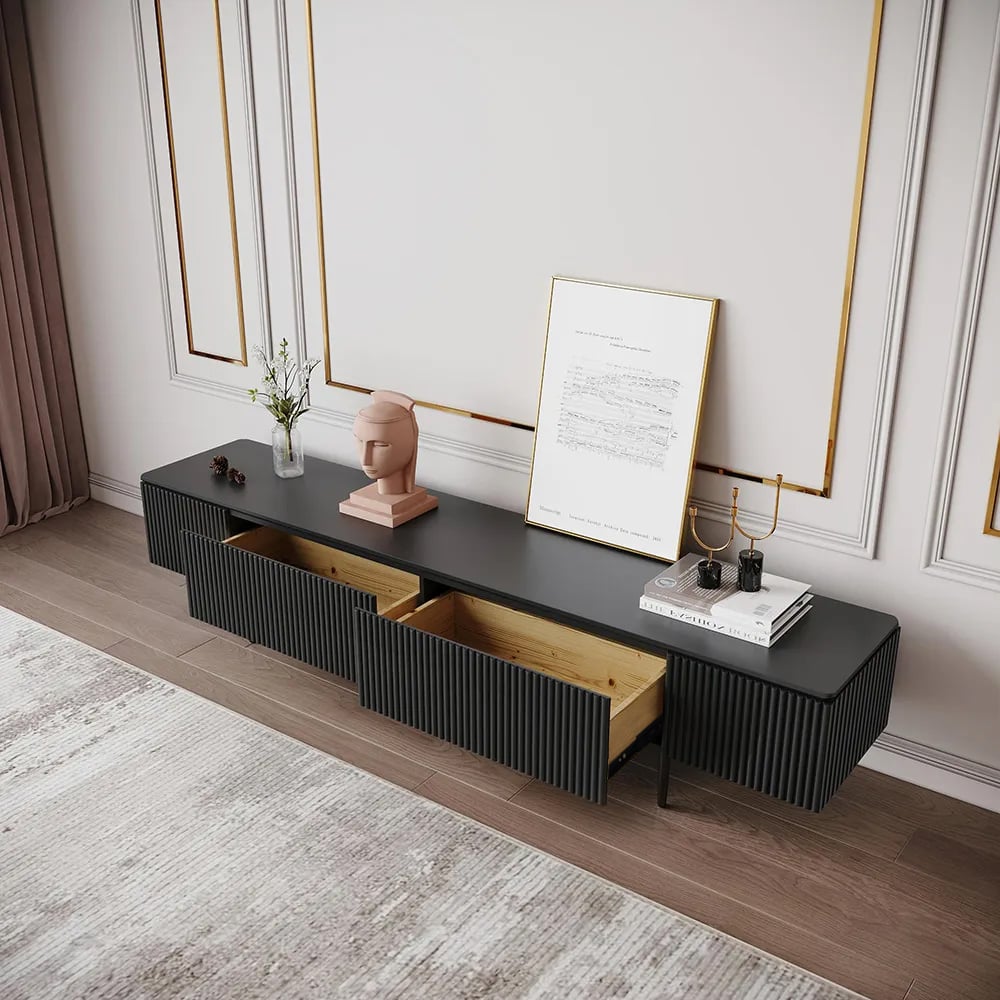 Otázky a odpovědi pro 1800 mm moderní TV tabule v černé barvě se zásuvkami mediální konzole s kovovými nohami