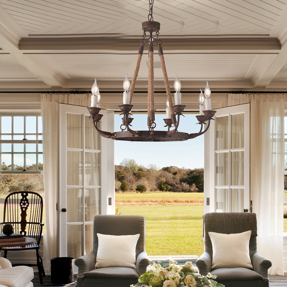 Questions and Answers for Candlely Rustic Iron Flaxen Hemp Rope & Metal 8-Light Round Candelabra Chandelier Rust