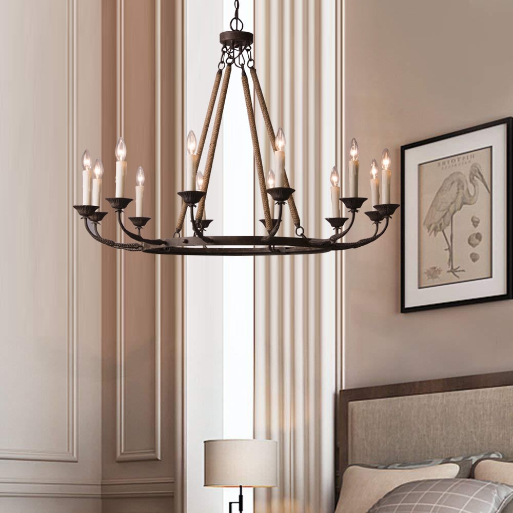 Avis Clients sur Candlely Lustre candélabre rond rustique 12 lumières vintage corde de chanvre et métal