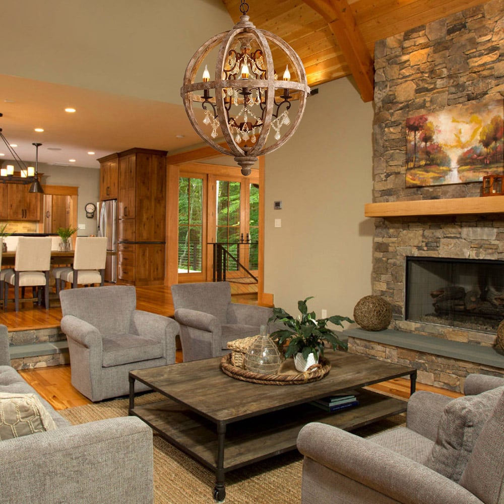 Domande e risposte per Lampadario retrò rustico in legno stagionato a forma di globo in metallo arrugginito con pergamena in cristallo a 5 luci