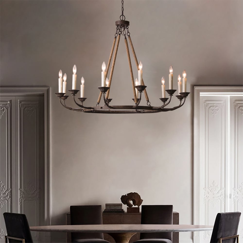 Avis Clients sur Candlely Lustre candélabre rond rustique 12 lumières vintage corde de chanvre et métal