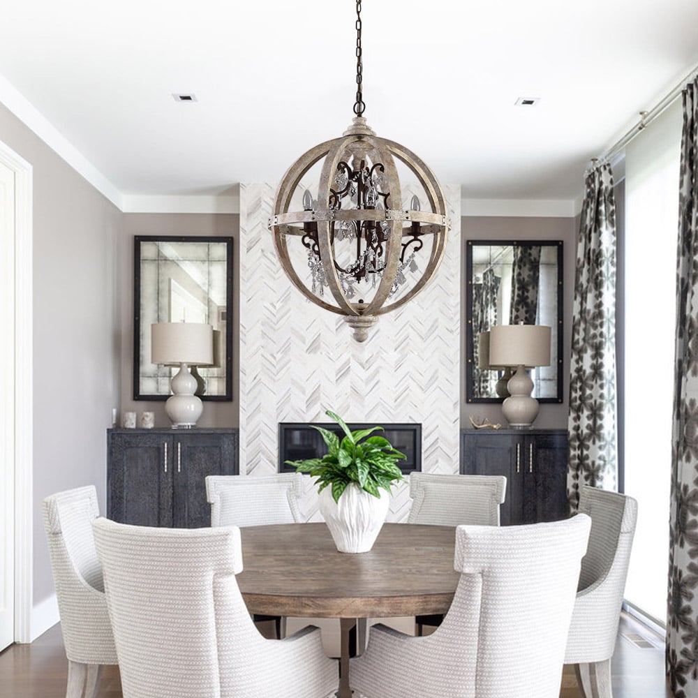 Domande e risposte per Lampadario retrò rustico in legno stagionato a forma di globo in metallo arrugginito con pergamena in cristallo a 5 luci