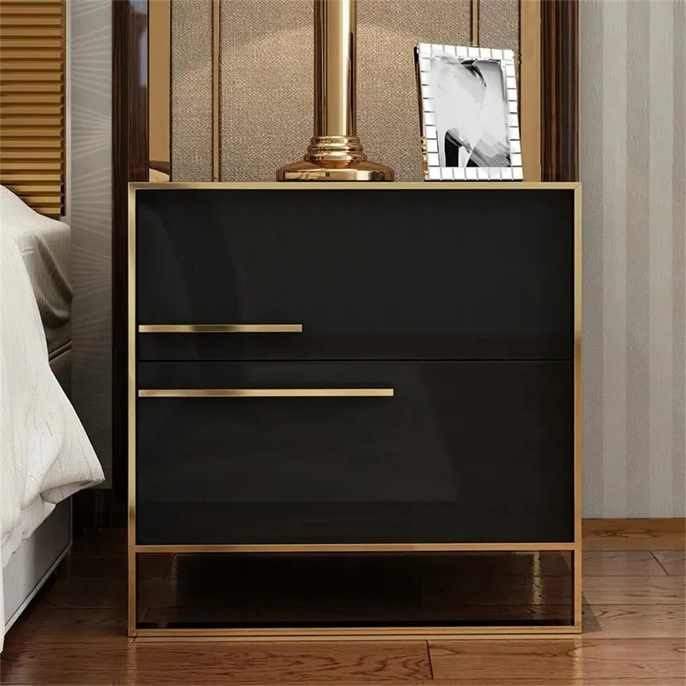 Customer Reviews for Cylina Modern 2 Drawers Black Lacquer Nightstand Square Bedside Table in Gold, Left