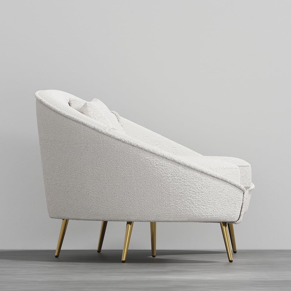 Fragen und Antworten zu Modernes weißes Boucle-Sofa, geschwungen, 3-Sitzer, 2100 mm, inklusive Kissen