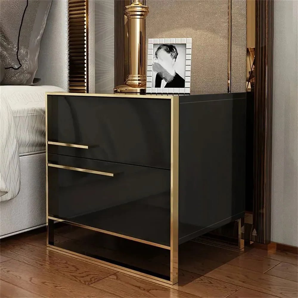 Customer Reviews for Cylina Modern 2 Drawers Black Lacquer Nightstand Square Bedside Table in Gold, Left