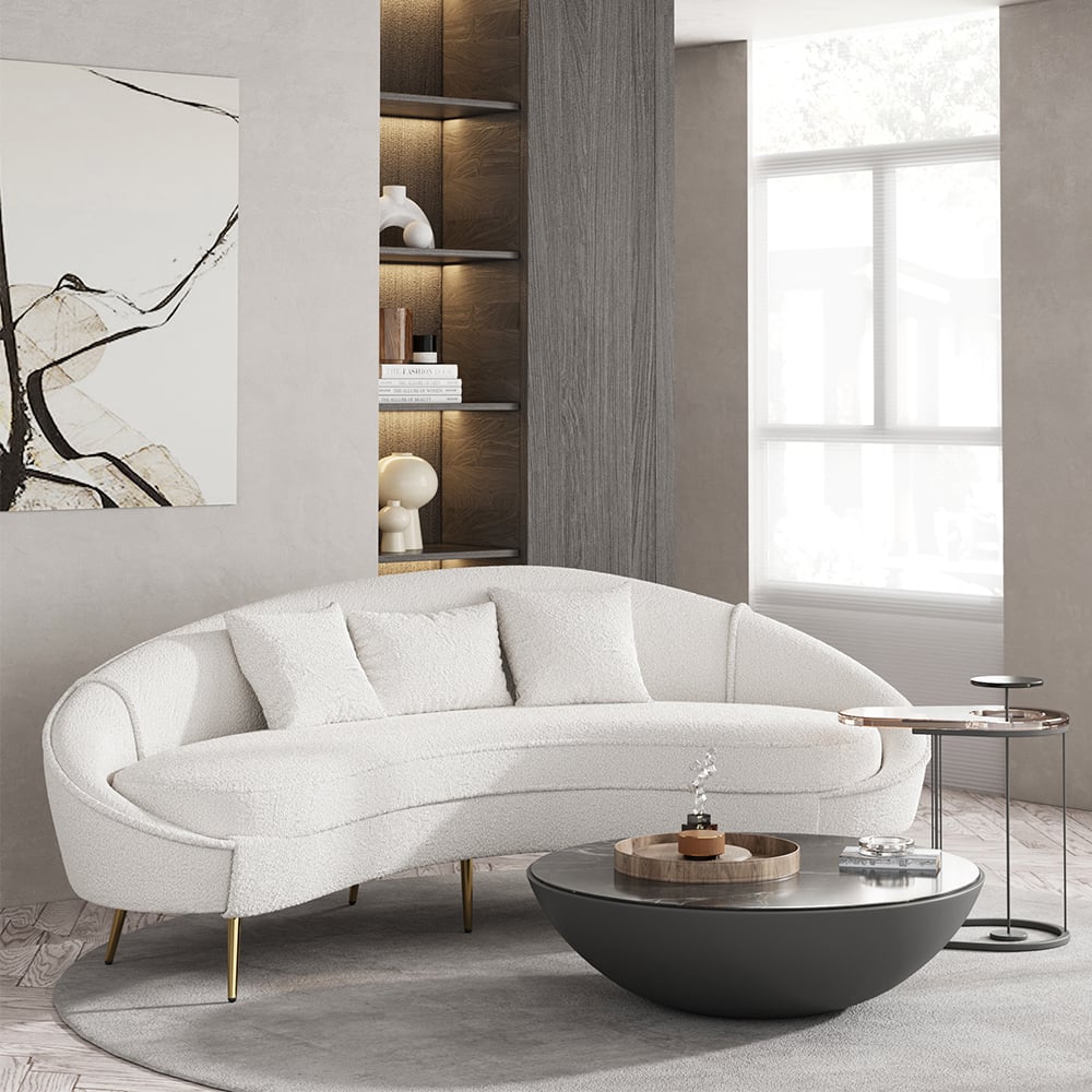 Fragen und Antworten zu Modernes weißes Boucle-Sofa, geschwungen, 3-Sitzer, 2100 mm, inklusive Kissen