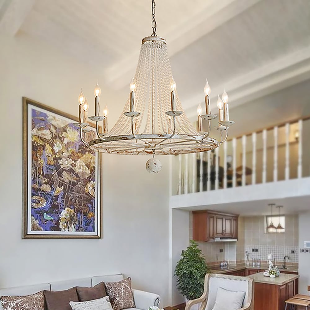 Questions and Answers for Pena French Country Candle-Shaped 12-Light Crystal Bead Strands Metal Wheel Chandelier