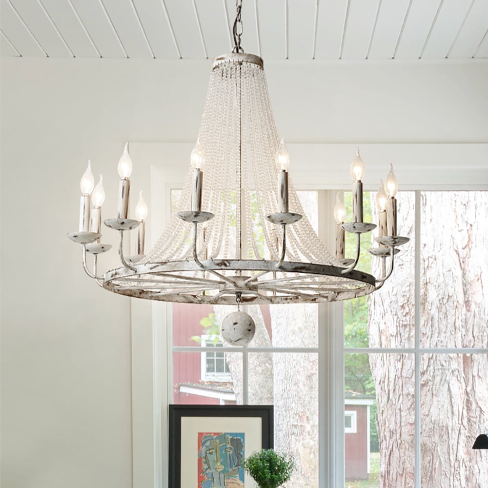 Questions and Answers for Pena French Country Candle-Shaped 12-Light Crystal Bead Strands Metal Wheel Chandelier