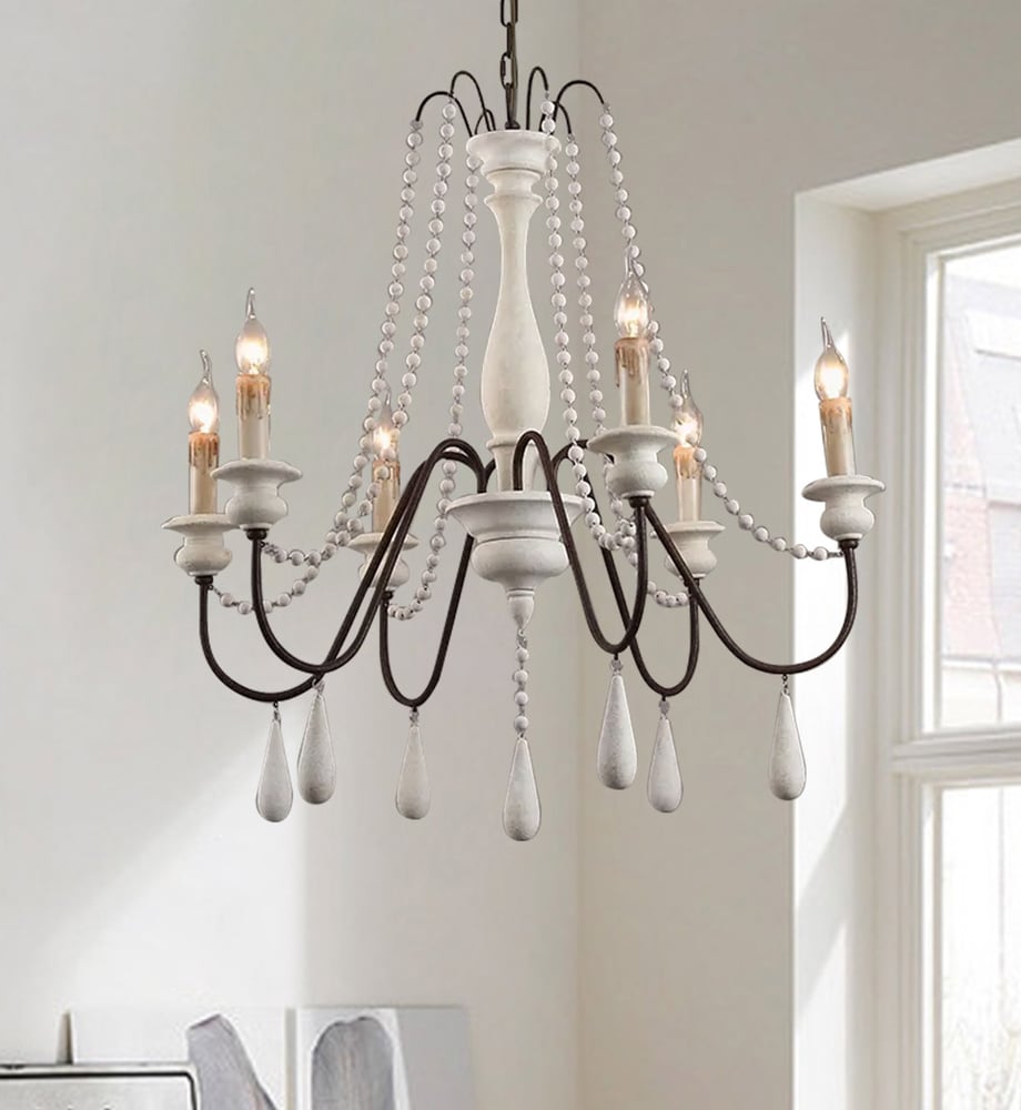 Customer Reviews for French Country Candle-Style 8-Light Wood Bead Swag Wooden Chandelier Distressed White