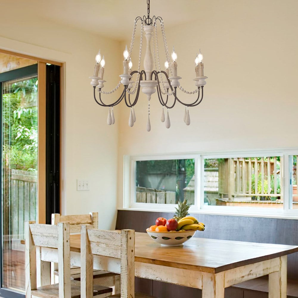 Customer Reviews for French Country Candle-Style 8-Light Wood Bead Swag Wooden Chandelier Distressed White