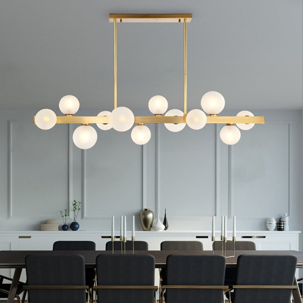 Questions and Answers for White Globe Shade 12-Light Linear Island Light in Gold
