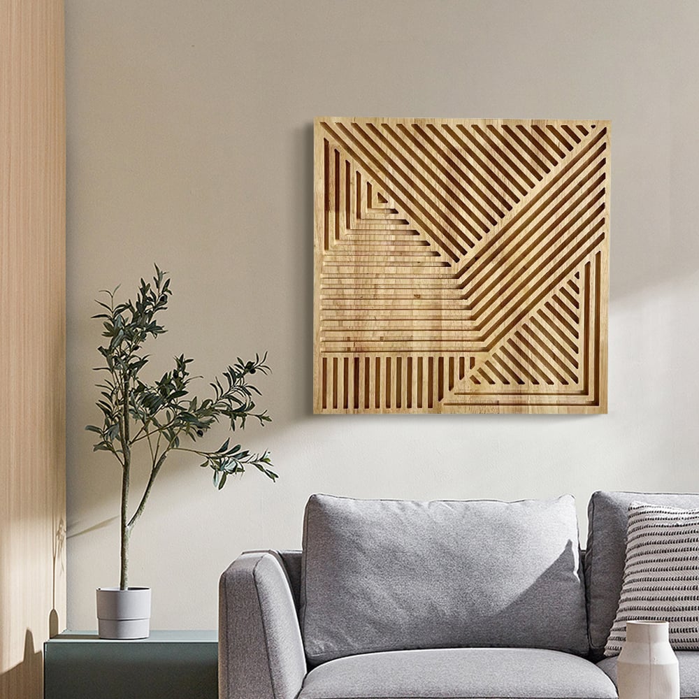 Questions et Réponses pour Décoration murale géométrique en bois Japandi 560 mm pour salon