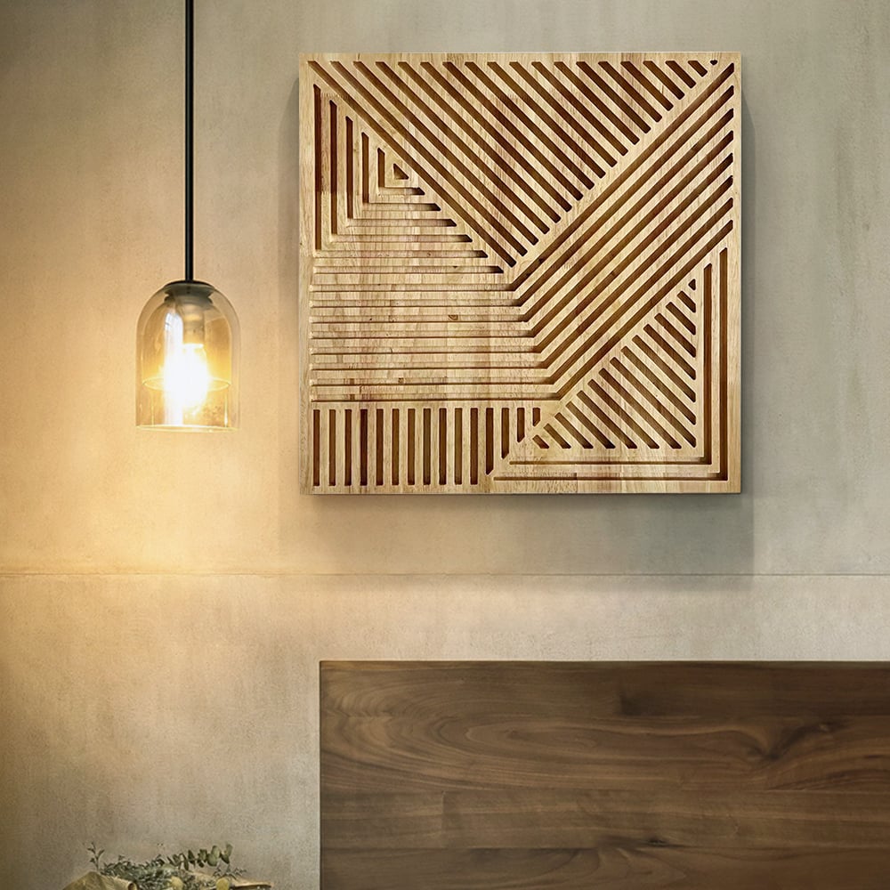 Questions et Réponses pour Décoration murale géométrique en bois Japandi 560 mm pour salon